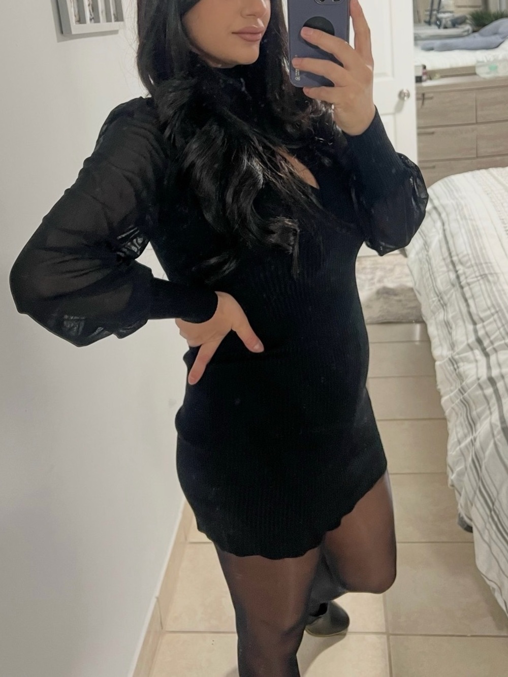 Hooked Up by IOT Black Long-Sleeve Sheer-Sleeve Mini Dress